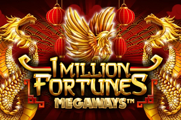 Logotipo del juego 1 Million Fortunes Megaways que presenta un rico arte dorado y rojo con dragones y linternas chinos.