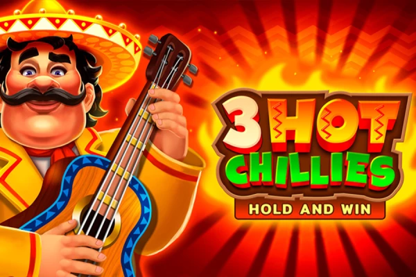 Logotipo del juego de tragamonedas 3 Hot Chillies que presenta a un hombre festivo tocando la guitarra con un fondo colorido y el texto 'Hold and Win'.