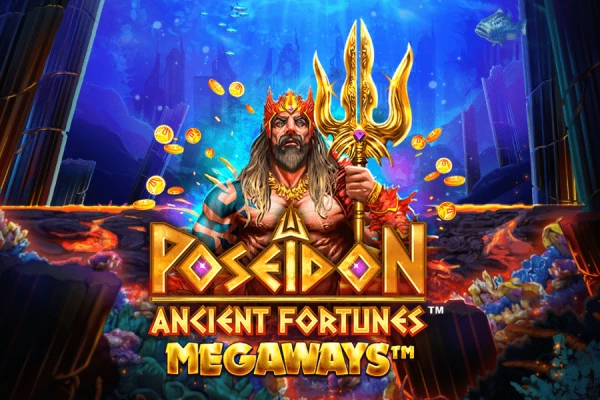 Logo for the game Ancient Fortunes Poseidon MEGAWAYS™ with Poseidon highlighted at the bottom of the ocean, surrounded by treasures.