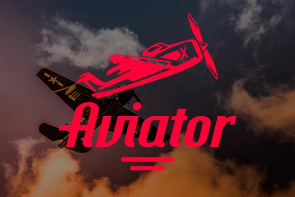 Logo do jogo Aviator com um avião vermelho voando contra um fundo de nuvens escuras e o título em destaque.