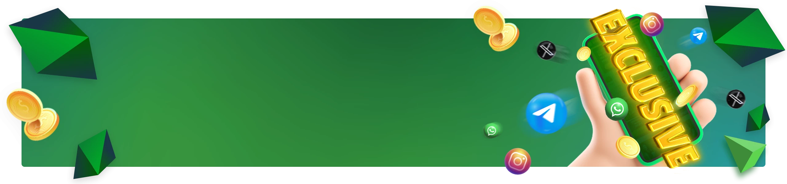 Banner promocional com fundo verde destacando 'Bônus exclusivos', com várias moedas de ouro e ícones de aplicativos caindo ao redor, e um texto 'EXCLUSIVE' em letras douradas, além de um botão amarelo 'Receber'.