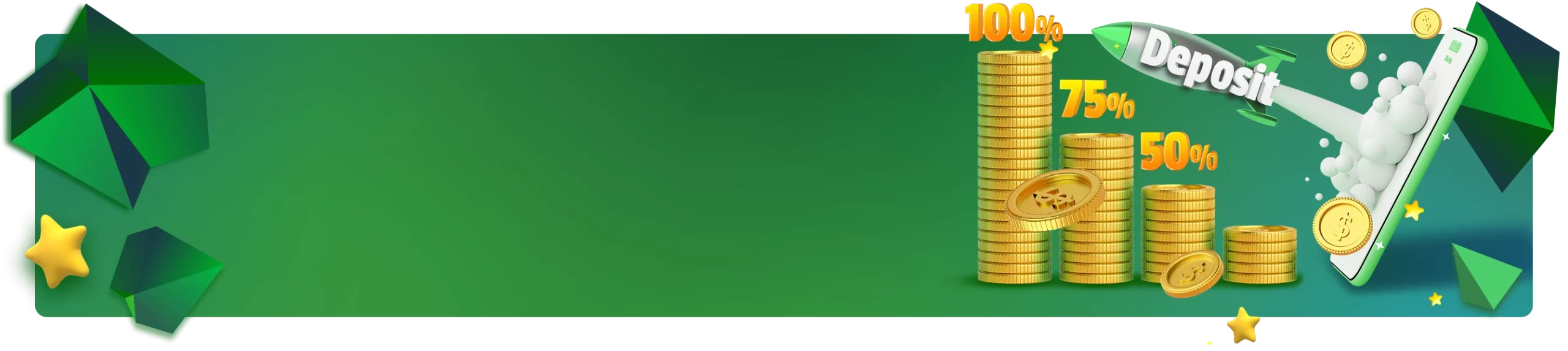 Banner promocional 'Monday Boost' que muestra porcentajes de bonificación como 100%, 75% y 50% junto con pilas de monedas de oro y un teléfono celular que muestra más monedas, con un botón amarillo que dice 'RECIBIR' sobre un fondo verde con estrellas y polígonos.