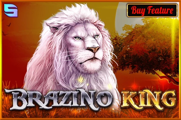 Brazino King slot game logo featuring a majestic white lion's head against an autumnal forest background, with 'Buy Feature' tag.