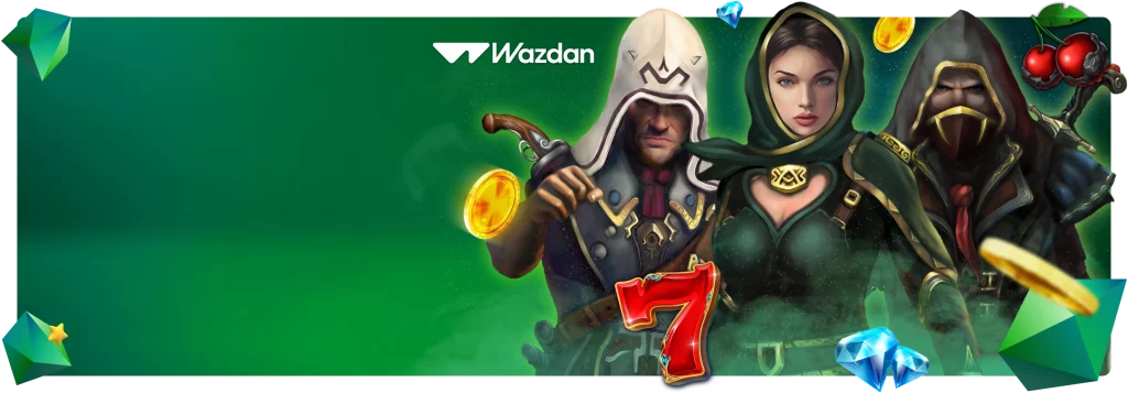 Banner promocional do torneio Mystery Drop de Wazdan apresentando três personagens de fantasia: um cavaleiro com uma moeda de ouro brilhante, uma guerreira com uma capa verde e um ladino com cerejas e um diamante.