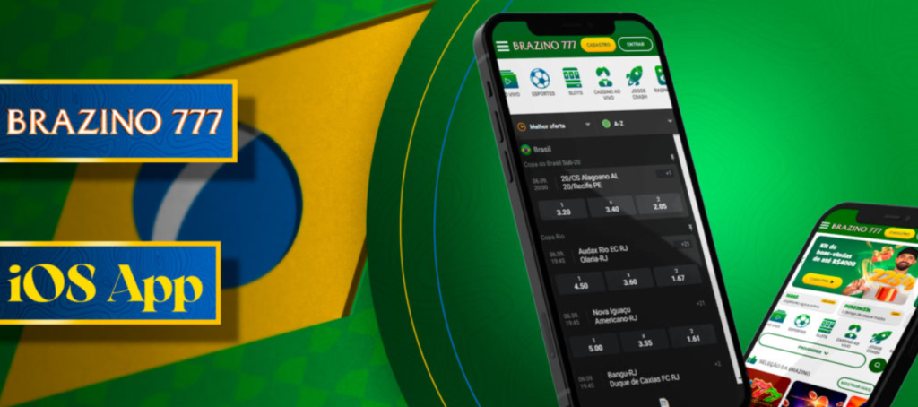 Promotional baner of the Brazino 777 iOS app, showing two smartphones displaying the app's interface. The phone on the left shows a sports betting page, and the one on the right displays casino promotions on an abstract green and yellow background with the texts 'Brazino 777' and 'iOS App' highlighted.