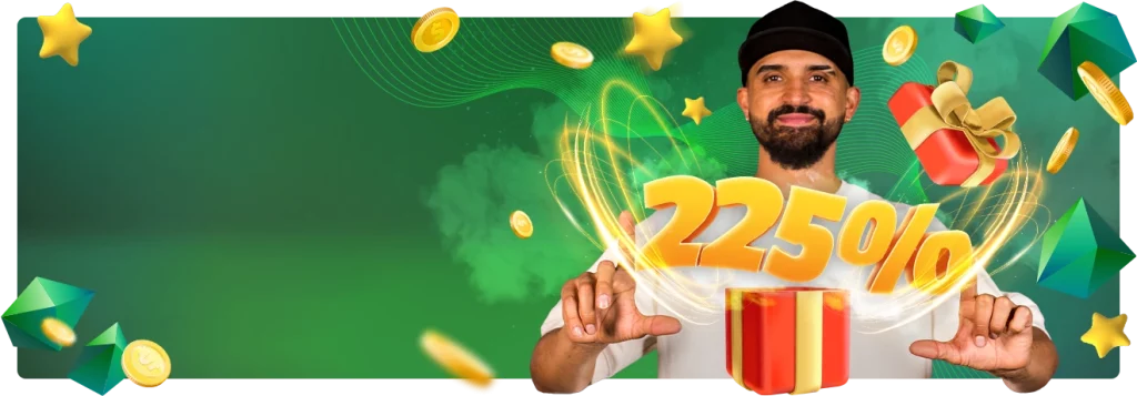 Banner promocional de un kit de bono de bienvenida de hasta R$ 4.000, con un hombre feliz sosteniendo una mágica caja de regalo de la que emerge el texto '2250%', rodeada de monedas doradas, estrellas y un fondo verde cristalino.