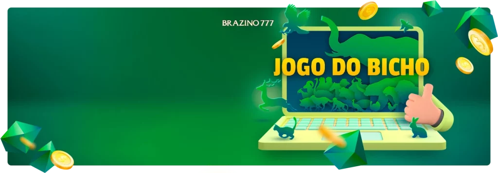 Banner promocional de 'Jogo do Bicho' con un fondo verde vibrante con el texto 'Entra en una aventura en la jungla en Jogo do Bicho' e ilustración de un portátil que muestra varias siluetas de animales.