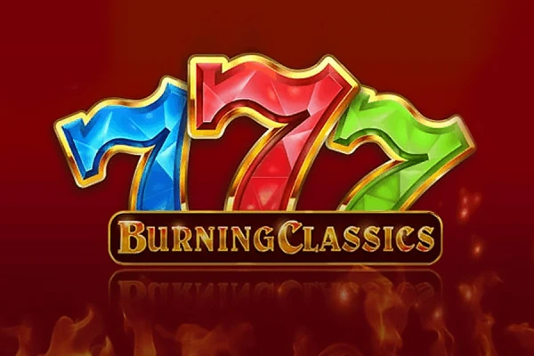 Burning Classics game logo with numbers 777 colored in red, blue and green on a red background.