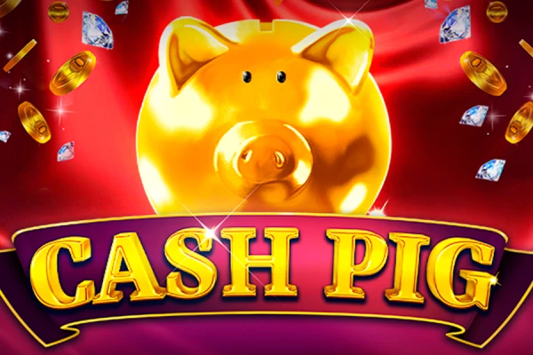 Logotipo do jogo caça-níqueis Cash Pig com um cofrinho dourado brilhante cercado por moedas e diamantes caindo, com 'Cash Pig' em negrito.