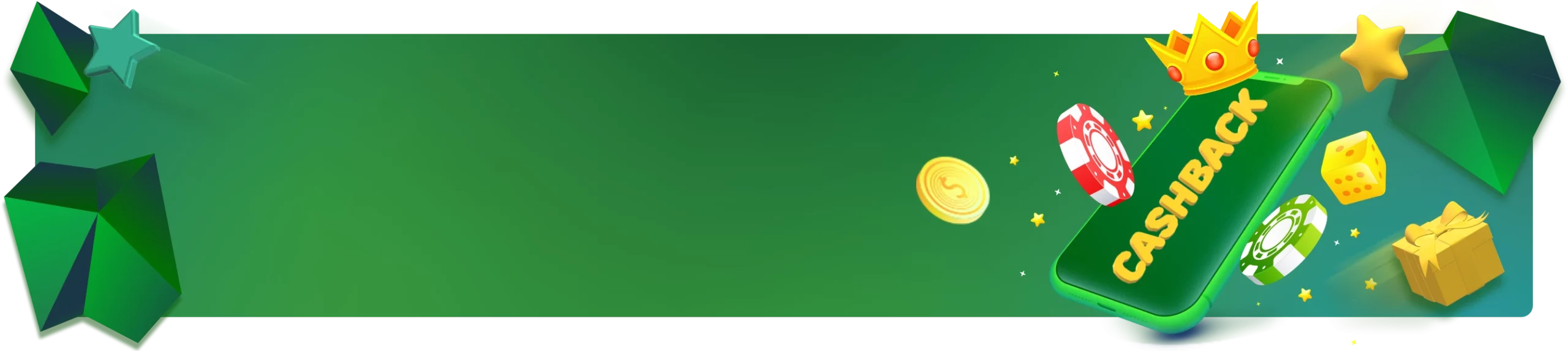 Banner promocional com fundo verde, anunciando 'Cashback semanal de até 120%'. Inclui ícones de uma ficha de cassino, uma coroa, uma moeda de ouro e um presente, além de um botão amarelo 'Receber'.