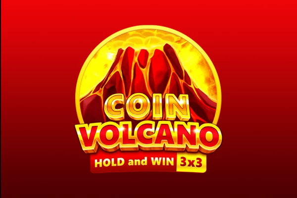 Logotipo del juego de tragamonedas Coin Volcano que presenta una montaña volcánica roja con una moneda de oro en erupción, el texto dice 'Coin Volcano Hold and Win 3x3'.