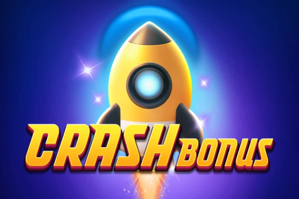 Logotipo del juego Crash Bonus que presenta un cohete amarillo y azul que se lanza al espacio con el título en naranja vibrante.