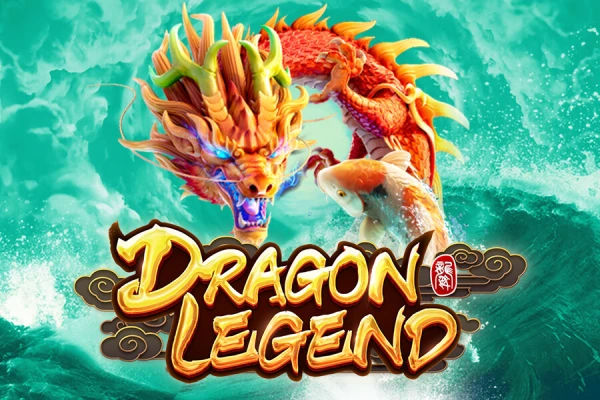Logotipo do jogo Dragon Legend com um dragão colorido sobre um fundo de água, representando uma cena subaquática.