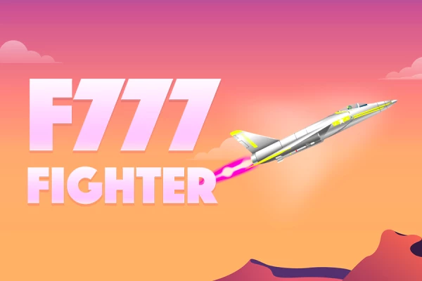 Logotipo del juego F777 Fighter con un avión de combate volando en un cielo rosa y el título resaltado.