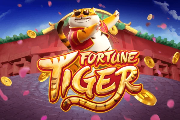 Fortune Tiger game logo with a smiling tiger dressed as an emperor, holding a gold coin, on a Chinese temple background.