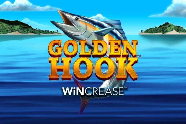 Logotipo para el juego Golden Hook con un pez dorado saltando del agua frente a una isla tropical, título resaltado.