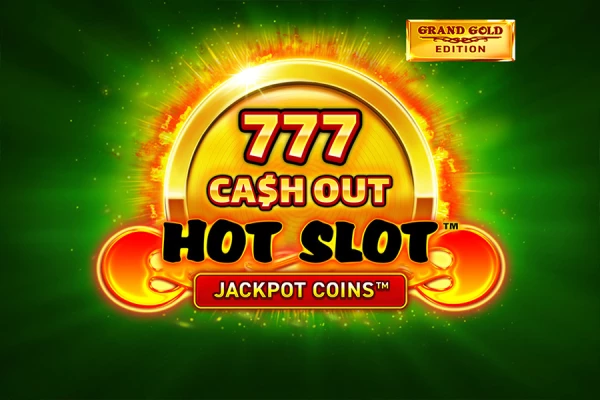 Logotipo do Hot Slot 777 Cash Out Grand Gold Edition apresentando um esquema de cores vibrantes em ouro e vermelho com três setes flamejantes e o texto 'Jackpot Coins'.