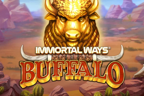 Logotipo do jogo Immortal Ways Buffalo com um búfalo dourado e majestoso sobre um fundo de montanhas e céu.