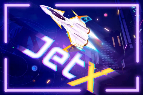 Logotipo del juego de tragamonedas JetX, que representa un avión futurista volando en un paisaje urbano iluminado con luces de neón, con el título del juego en una fuente moderna.