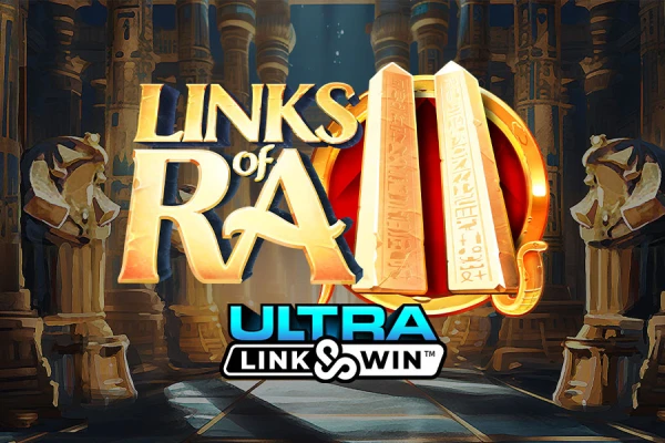 Logotipo do jogo de slot Links of Ra, exibindo antigos hieróglifos egípcios, uma placa de pedra com o título e uma etiqueta de recurso 'Ultra Link Win'.