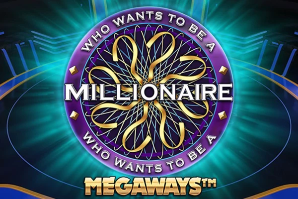 Logotipo del juego Millionaire MEGAWAYS™ con un diseño estilizado y vibrante en tonos azules y dorados con el título 'Who Wants to Be a Millionaire'.