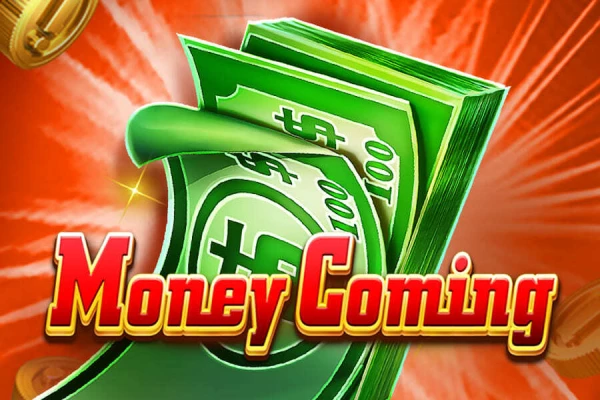 Logotipo del juego de tragamonedas Money Coming, que presenta una ola de billetes de un dólar verdes y el título del juego en letras brillantes y en negrita.