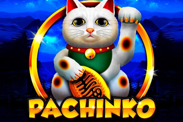 Logotipo del juego de tragamonedas Pachinko que muestra un gato blanco con un pañuelo rojo y un gesto de saludo, rodeado por un cielo nocturno azul y monedas doradas.