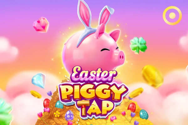 Logotipo del juego de tragamonedas Piggy Tap que muestra un lindo cerdo rosado con huevos de Pascua y flores, ambientado en un mundo caprichoso de colores pastel.