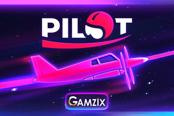 Logotipo del juego piloto con un avión morado sobre un fondo espacial de neón y el nombre del juego resaltado.