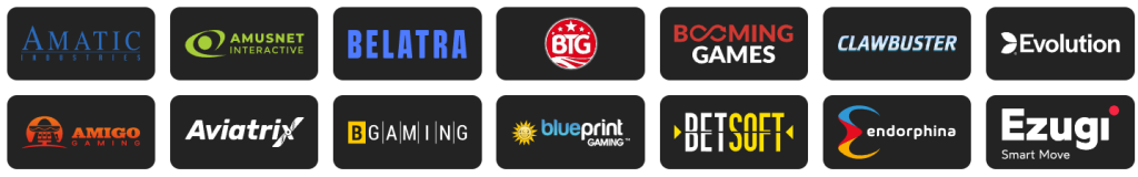 Logos from various gaming and technology companies displayed at Brazino777 Casino, including Amatic Industries, Amusnet Interactive, Belatra, BIG, Booming Games, Clawbuster, Evolution, Amigo Gaming, Aviatrix, BGaming, Blueprint Gaming, Betsoft, Endorphina and Ezugi.