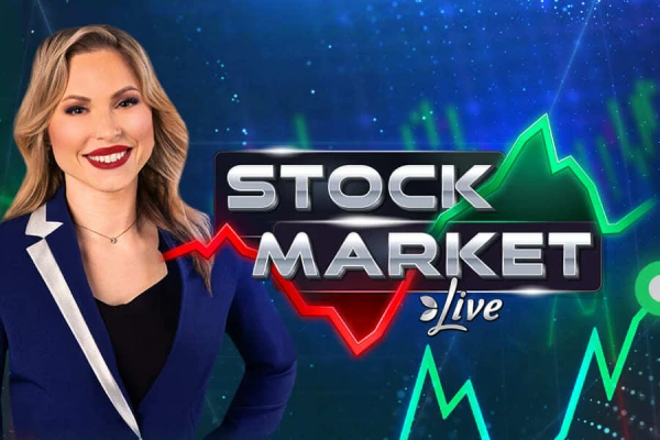 Logotipo del juego Stock Market con la imagen de un presentador de televisión y gráficos bursátiles de fondo, que indican un escenario de mercado en vivo.